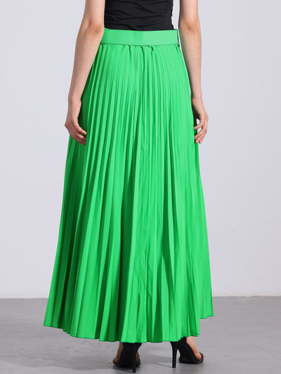 Flowy Pleated Elastic High Waist Belted Swing A-line Maxi Skirt