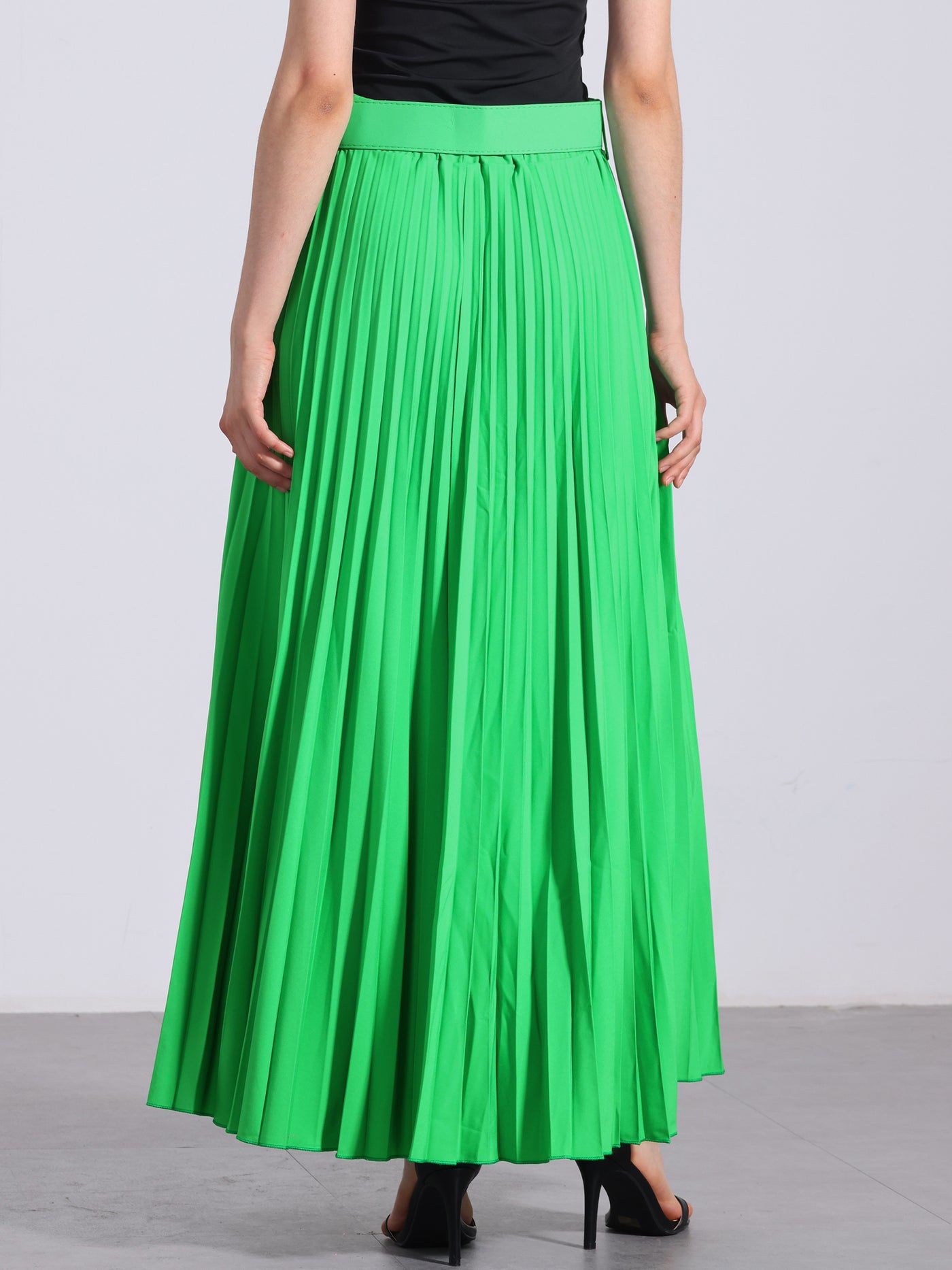 Allegra K Flowy Pleated Elastic High Waist Belted Swing A-line Maxi Skirt