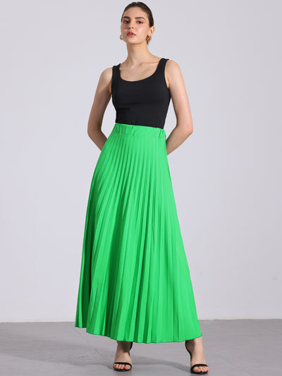 Flowy Pleated Elastic High Waist Belted Swing A-line Maxi Skirt