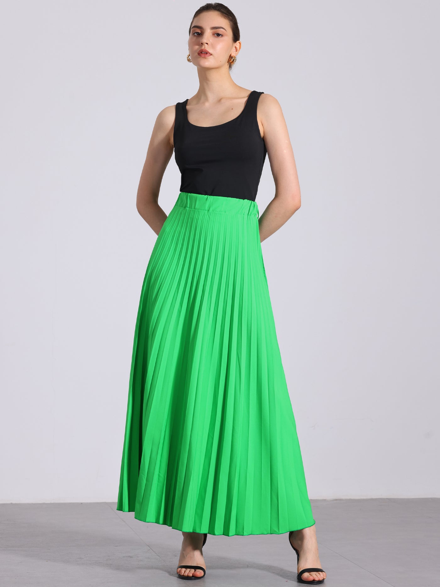 Allegra K Flowy Pleated Elastic High Waist Belted Swing A-line Maxi Skirt