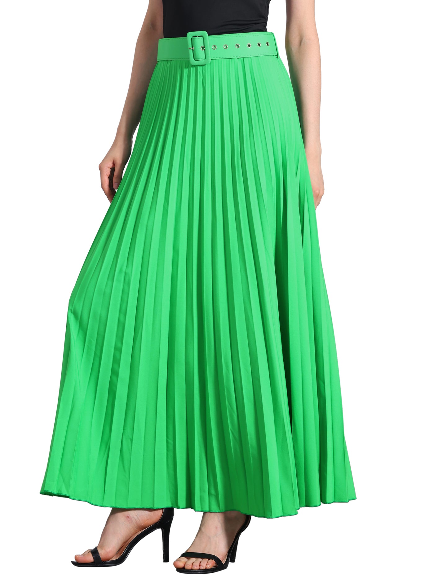 Allegra K Flowy Pleated Elastic High Waist Belted Swing A-line Maxi Skirt