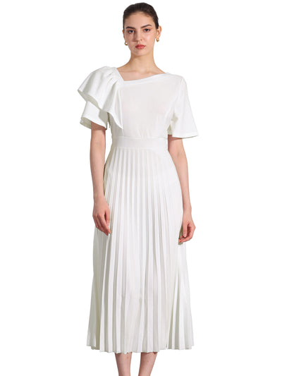 Ruffles Short Sleeve Asymmetrical Neck Pleated Midi Dress