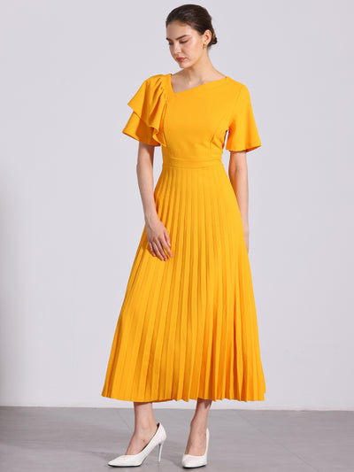 Ruffles Short Sleeve Asymmetrical Neck Pleated Midi Dress