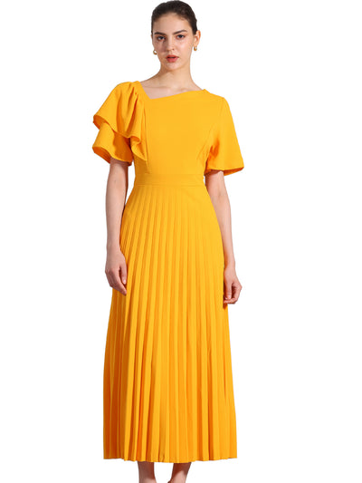 Ruffles Short Sleeve Asymmetrical Neck Pleated Midi Dress