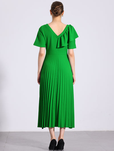 Ruffles Short Sleeve Asymmetrical Neck Pleated Midi Dress