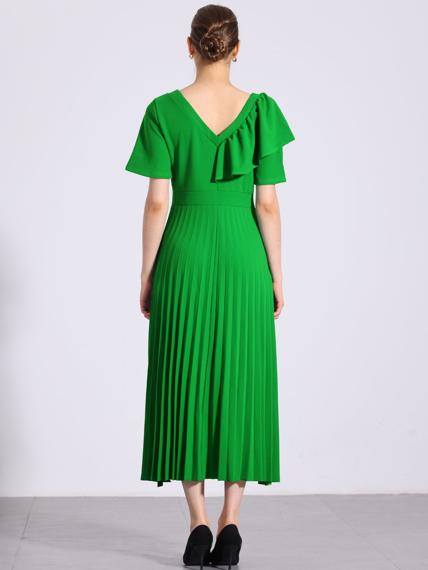 Allegra K Ruffles Short Sleeve Asymmetrical Neck Pleated Midi Dress