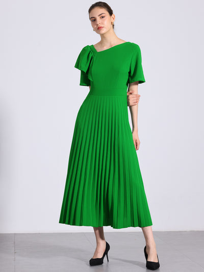 Ruffles Short Sleeve Asymmetrical Neck Pleated Midi Dress