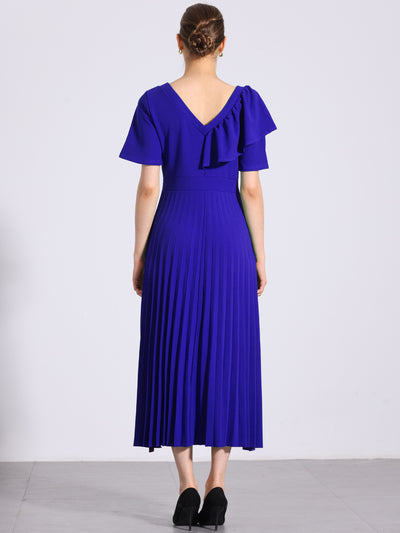 Ruffles Short Sleeve Asymmetrical Neck Pleated Midi Dress