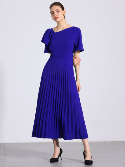 Ruffles Short Sleeve Asymmetrical Neck Pleated Midi Dress