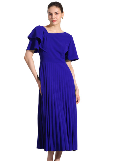 Ruffles Short Sleeve Asymmetrical Neck Pleated Midi Dress