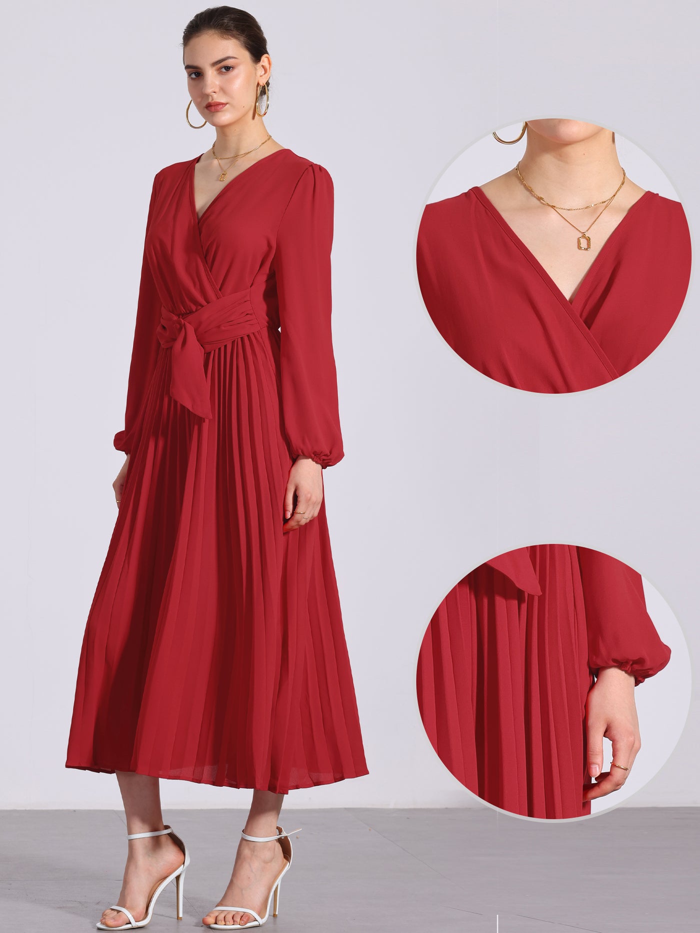 Allegra K Pleated V Neck Puff Sleeve Tie Waist A-Line Maxi Dress