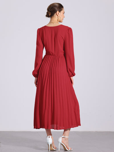 Pleated V Neck Puff Sleeve Tie Waist A-Line Maxi Dress