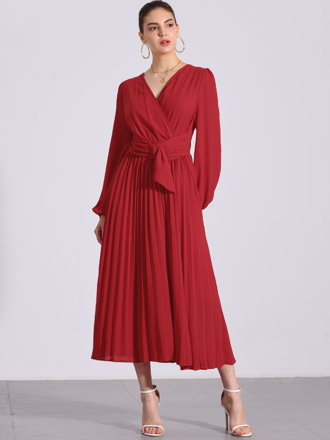 Allegra K Pleated V Neck Puff Sleeve Tie Waist A-Line Maxi Dress