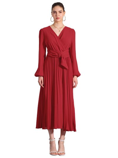 Pleated V Neck Puff Sleeve Tie Waist A-Line Maxi Dress