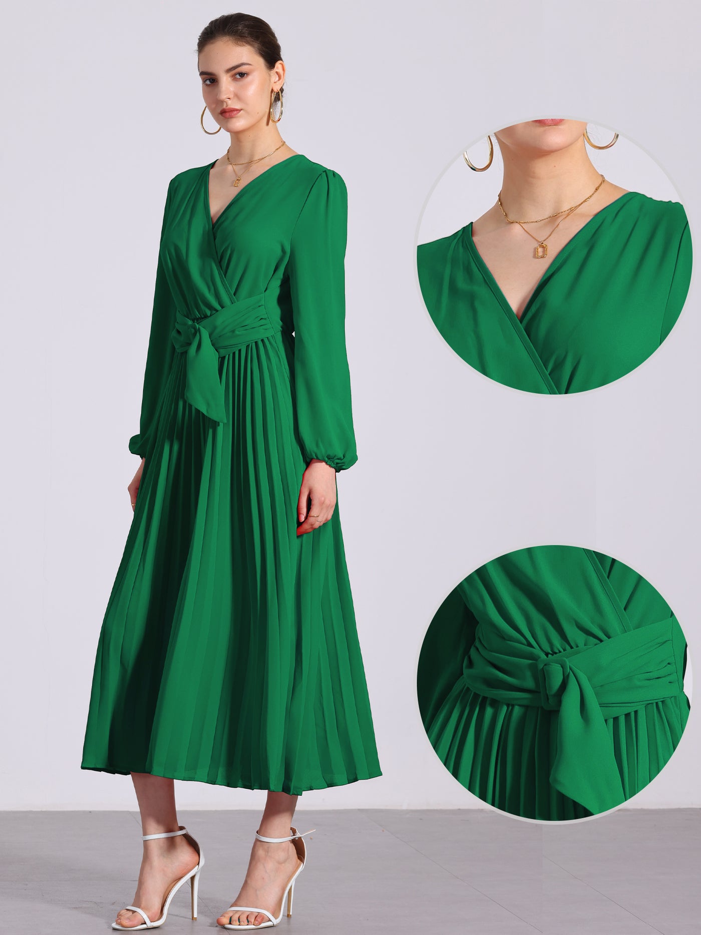 Allegra K Pleated V Neck Puff Sleeve Tie Waist A-Line Maxi Dress