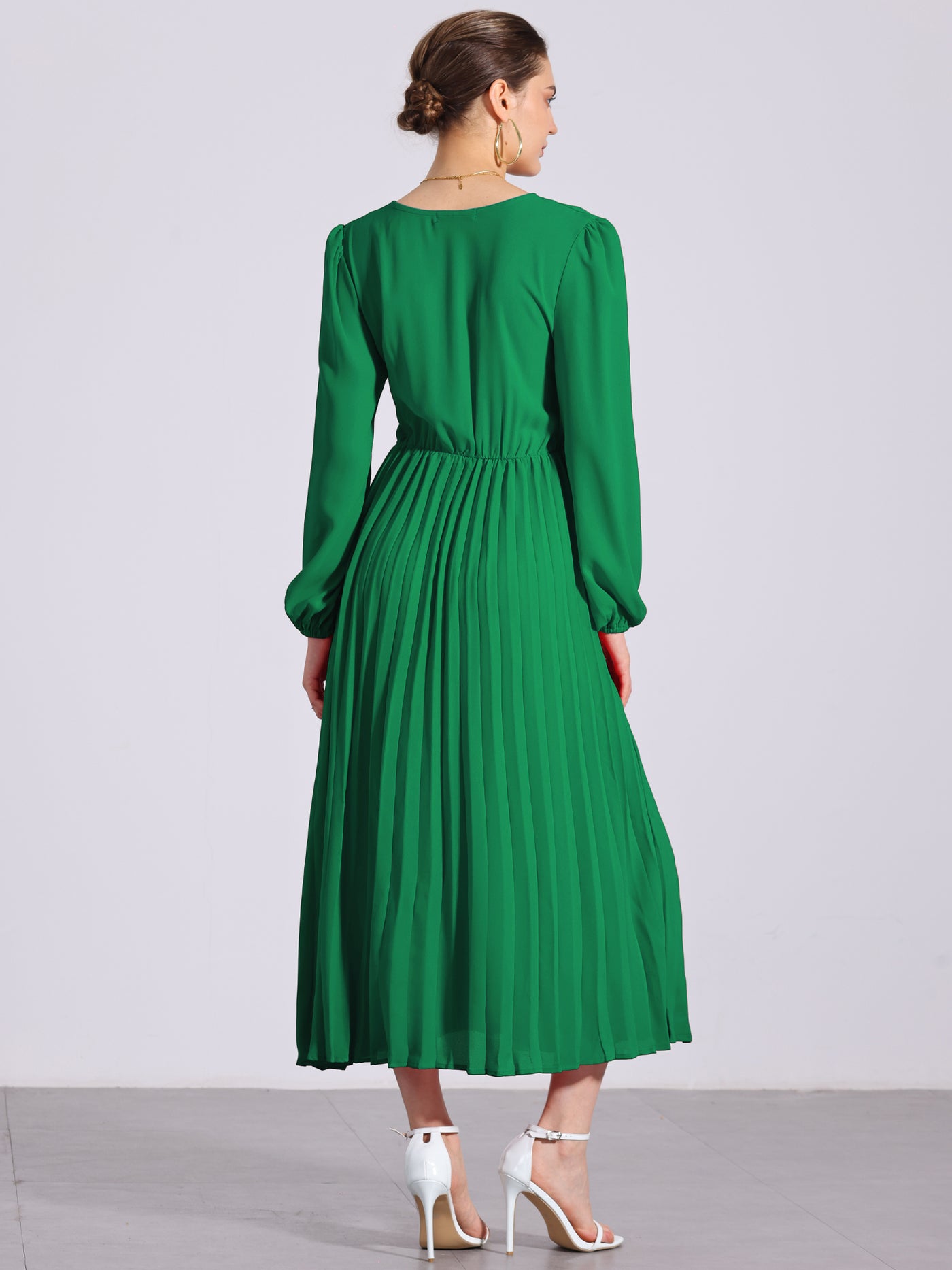 Allegra K Pleated V Neck Puff Sleeve Tie Waist A-Line Maxi Dress