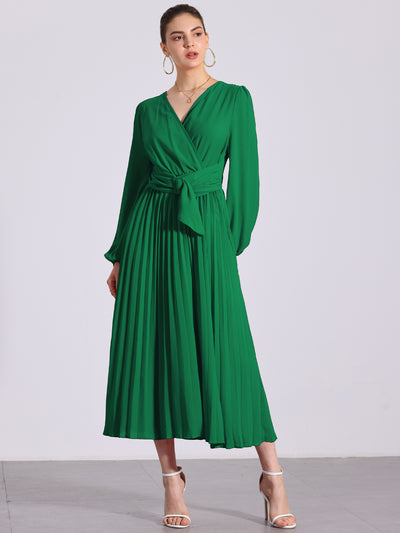 Pleated V Neck Puff Sleeve Tie Waist A-Line Maxi Dress