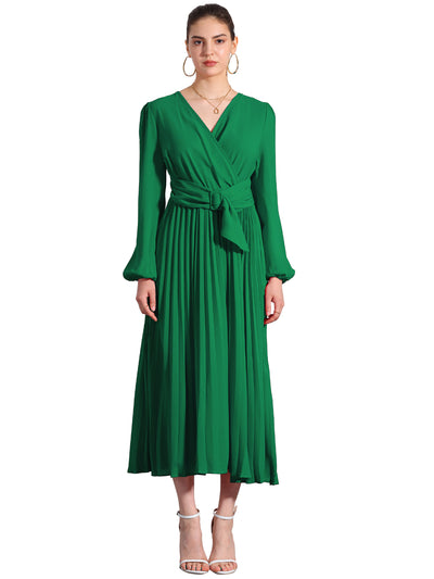 Pleated V Neck Puff Sleeve Tie Waist A-Line Maxi Dress