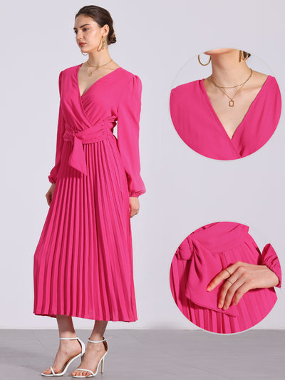 Pleated V Neck Puff Sleeve Tie Waist A-Line Maxi Dress