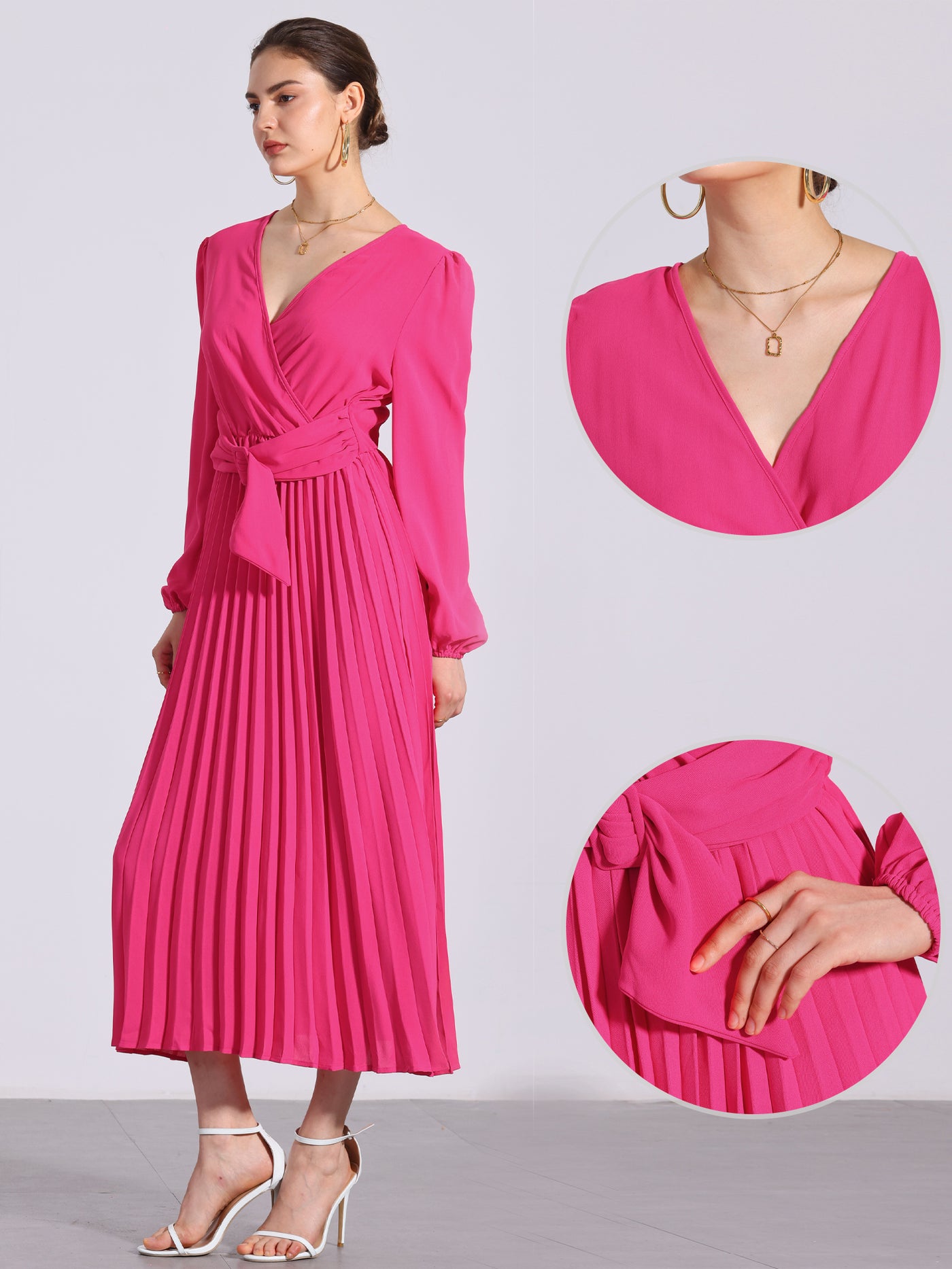 Allegra K Pleated V Neck Puff Sleeve Tie Waist A-Line Maxi Dress