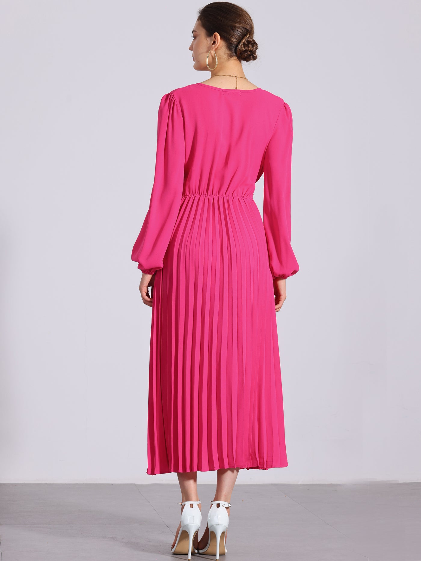 Allegra K Pleated V Neck Puff Sleeve Tie Waist A-Line Maxi Dress