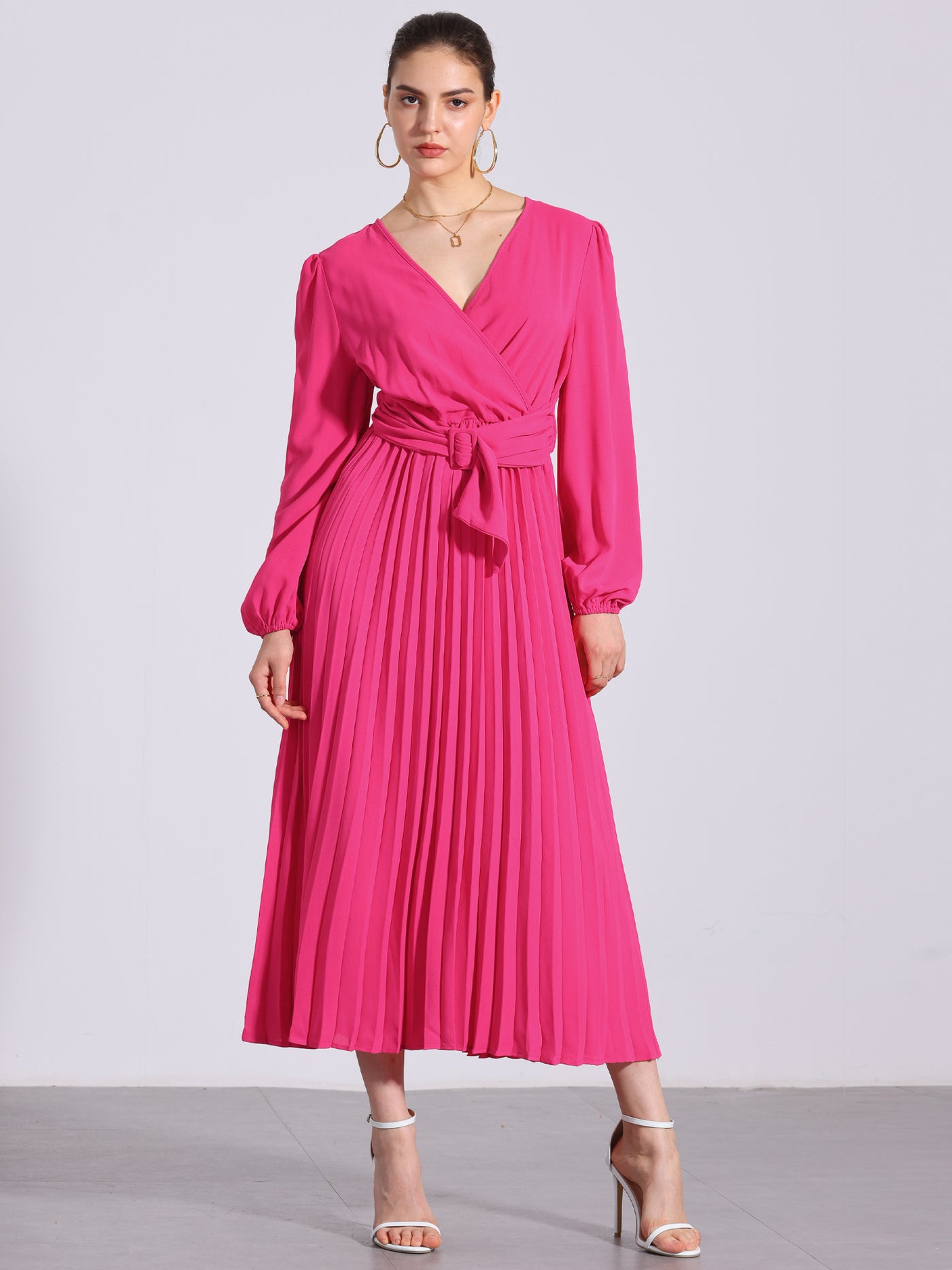 Allegra K Pleated V Neck Puff Sleeve Tie Waist A-Line Maxi Dress