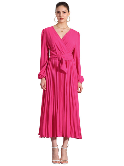 Pleated V Neck Puff Sleeve Tie Waist A-Line Maxi Dress