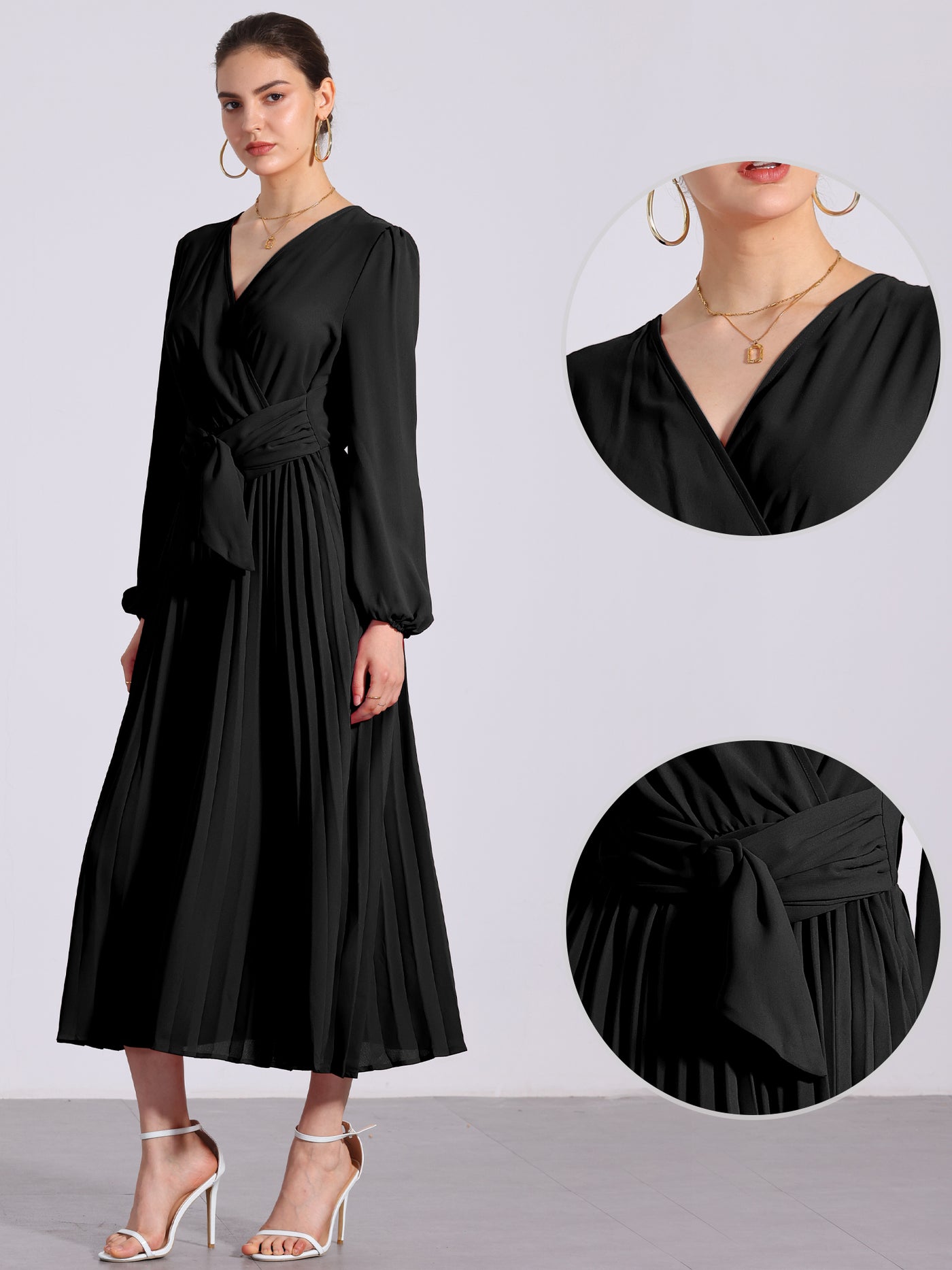 Allegra K Pleated V Neck Puff Sleeve Tie Waist A-Line Maxi Dress