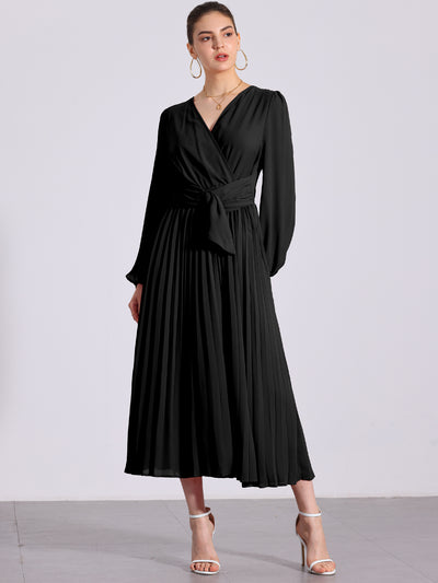 Pleated V Neck Puff Sleeve Tie Waist A-Line Maxi Dress