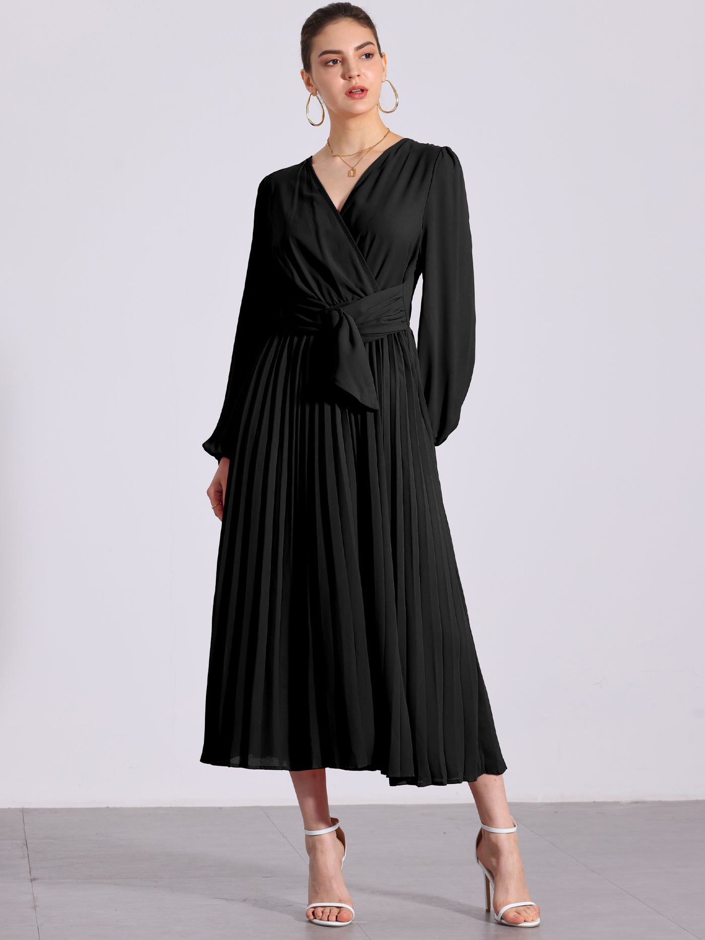 Allegra K Pleated V Neck Puff Sleeve Tie Waist A-Line Maxi Dress