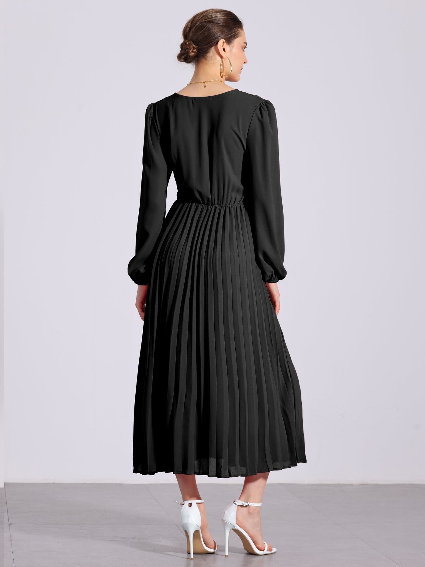 Allegra K Pleated V Neck Puff Sleeve Tie Waist A-Line Maxi Dress