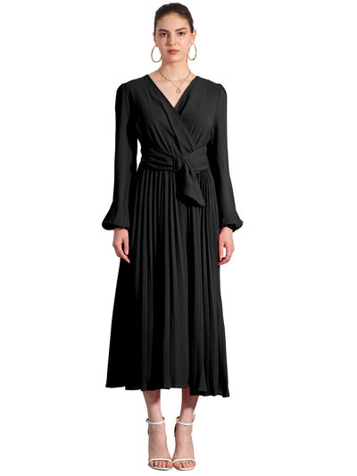 Pleated V Neck Puff Sleeve Tie Waist A-Line Maxi Dress