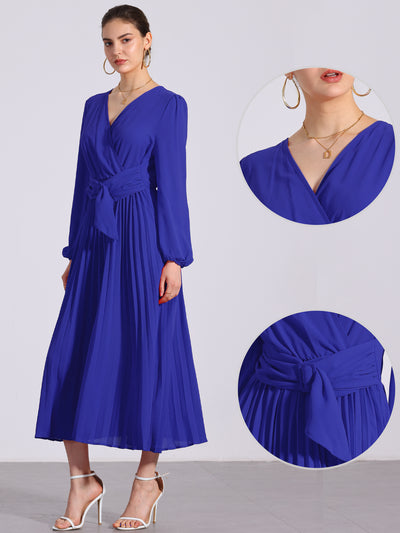 Pleated V Neck Puff Sleeve Tie Waist A-Line Maxi Dress