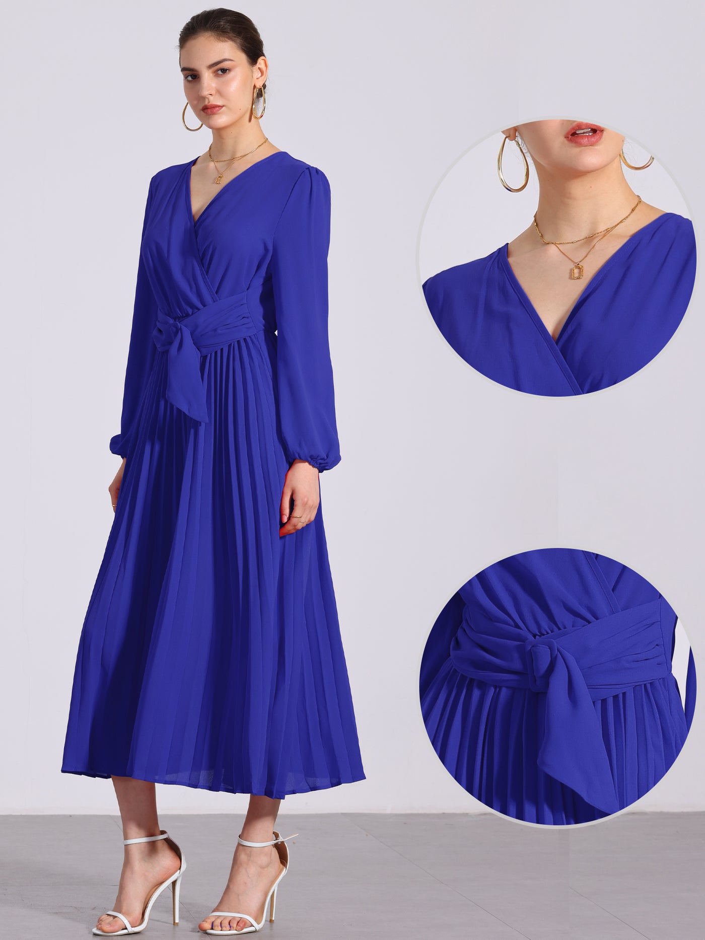 Allegra K Pleated V Neck Puff Sleeve Tie Waist A-Line Maxi Dress