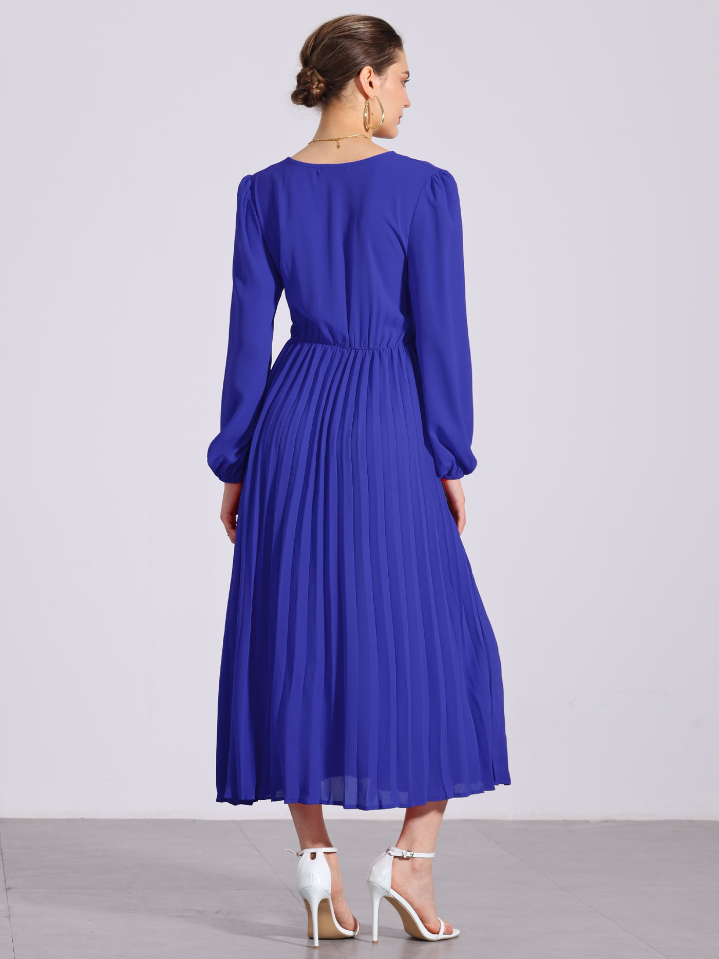 Allegra K Pleated V Neck Puff Sleeve Tie Waist A-Line Maxi Dress