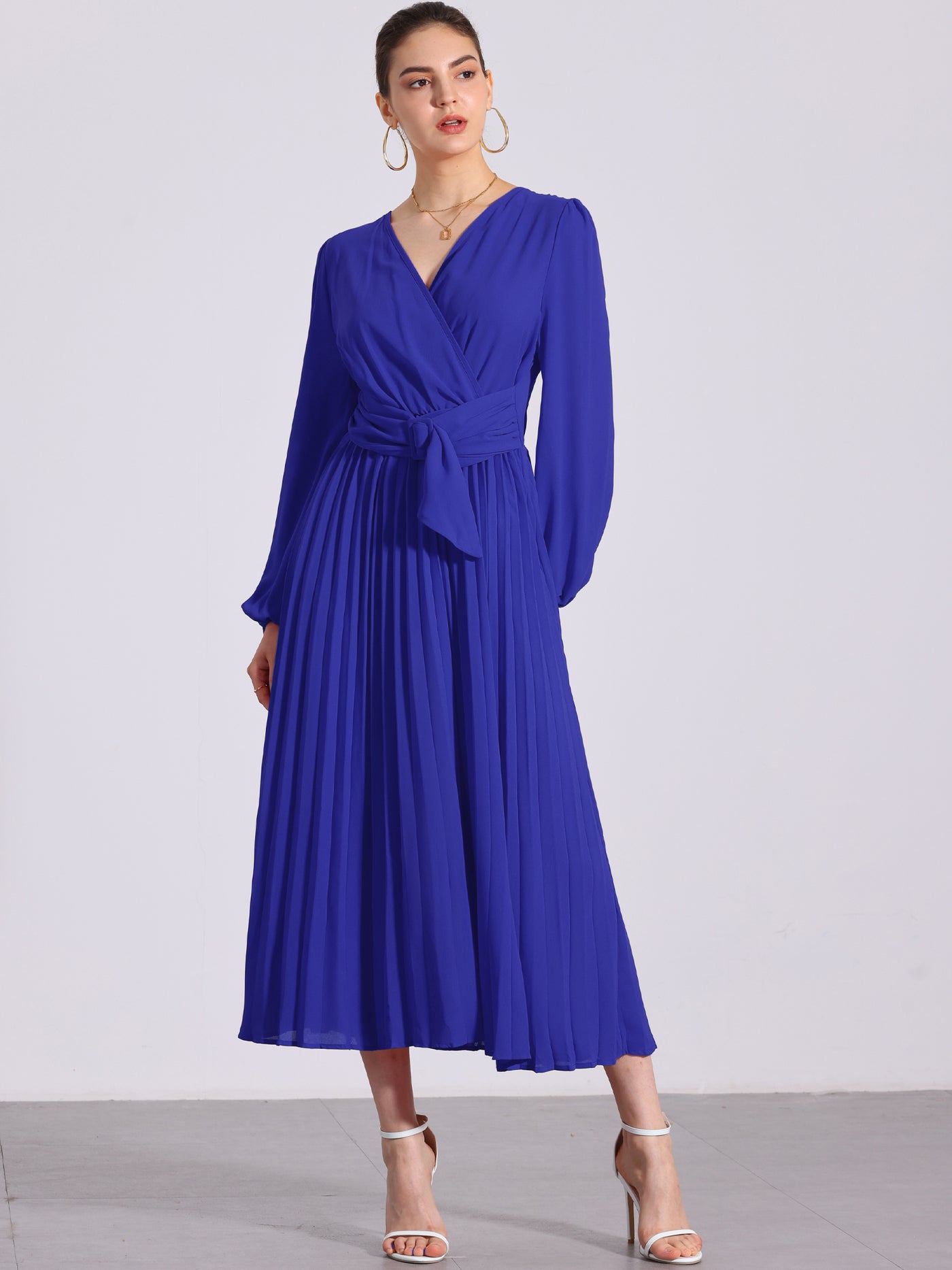 Allegra K Pleated V Neck Puff Sleeve Tie Waist A-Line Maxi Dress