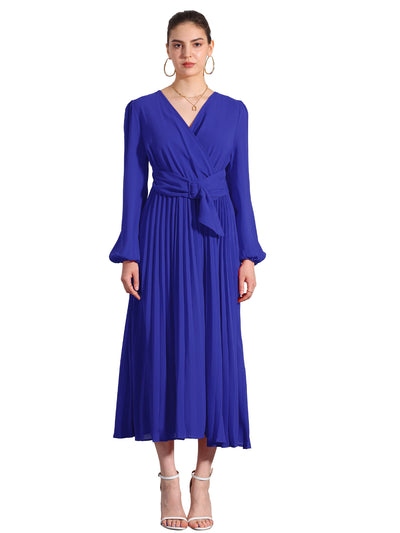 Pleated V Neck Puff Sleeve Tie Waist A-Line Maxi Dress