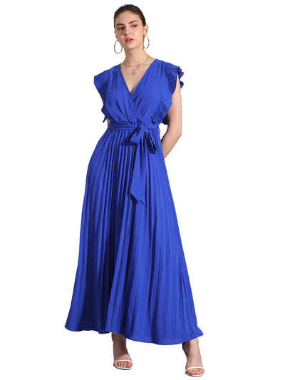 V Neck Short Sleeves Lace-Up Belted Pleated Maxi Dress