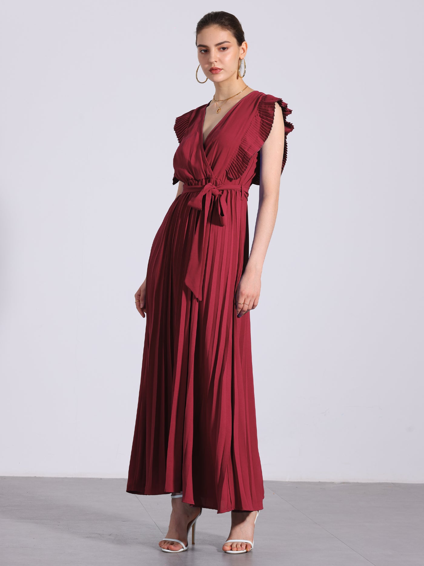 Allegra K V Neck Short Sleeves Lace-Up Belted Pleated Maxi Dress