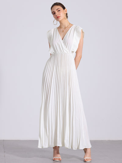 V Neck Short Sleeves Lace-Up Belted Pleated Maxi Dress