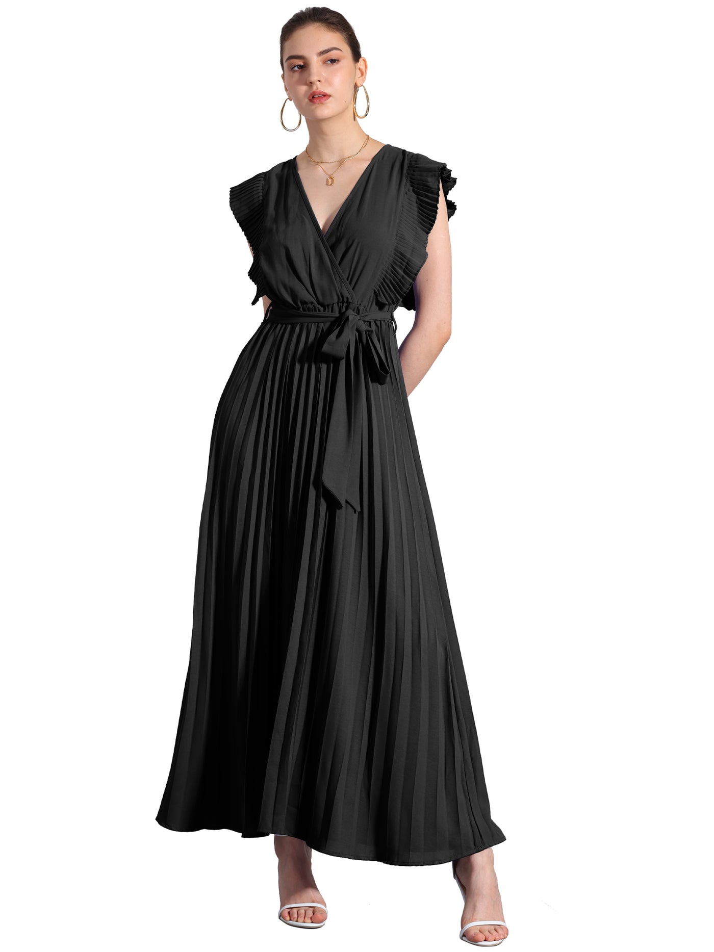 Allegra K V Neck Short Sleeves Lace-Up Belted Pleated Maxi Dress