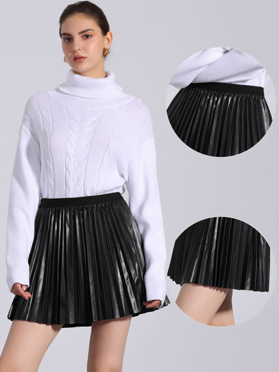 Faux Leather Elastic Waist A-line Pleated Mini Skirt