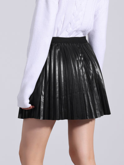 Faux Leather Elastic Waist A-line Pleated Mini Skirt