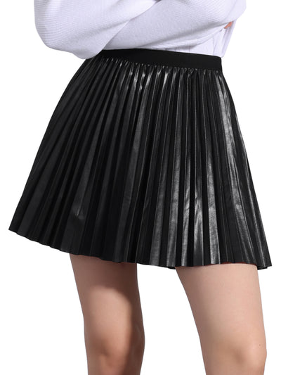 Faux Leather Elastic Waist A-line Pleated Mini Skirt