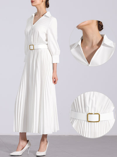 Collar V Neck Belted Dressy Casual Pleated Maxi Dress