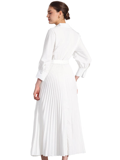 Collar V Neck Belted Dressy Casual Pleated Maxi Dress