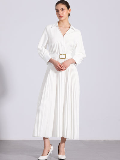 Collar V Neck Belted Dressy Casual Pleated Maxi Dress