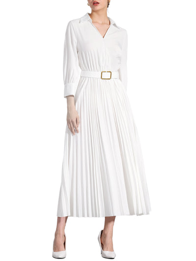 Collar V Neck Belted Dressy Casual Pleated Maxi Dress