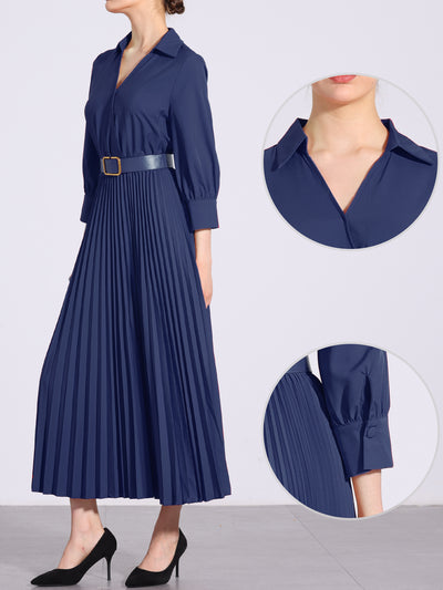 Collar V Neck Belted Dressy Casual Pleated Maxi Dress