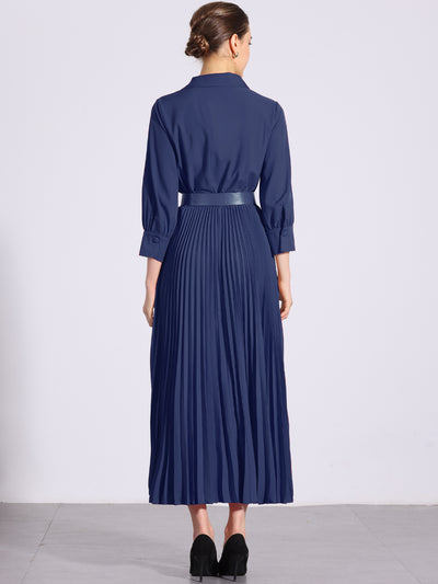 Collar V Neck Belted Dressy Casual Pleated Maxi Dress